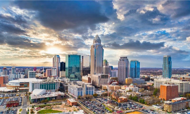 drone aerial view downtown north carolina